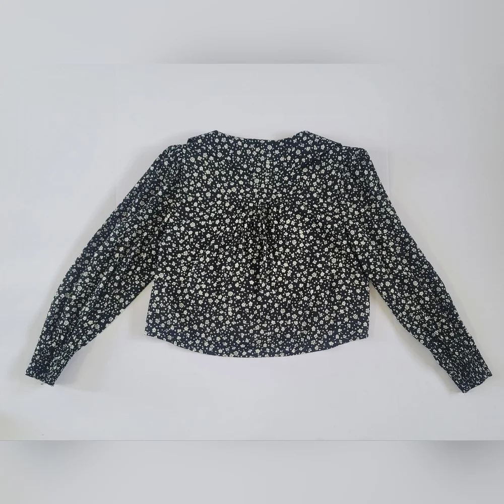 Reformation Black Floral Cropped V-neck Ruffle Blouse, S, Cottagecore Romantic - Picture 10 of 11